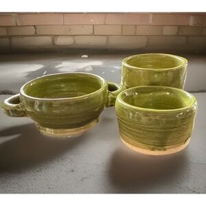 Handmade Green Colored Pottery Bowls Set of 3 Signed Glazed Ceramic 2.25" Tall